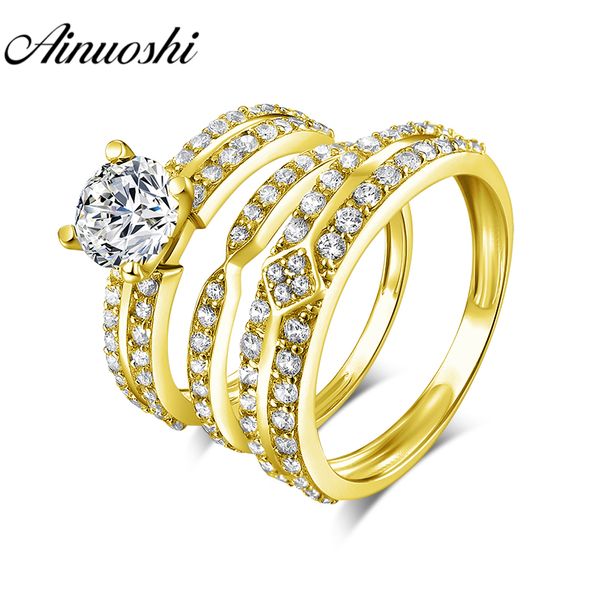 

ainuoshi real gold trio rings 14k yellow gold couple wedding ring set double row pave band engagement wedding rings set jewelry, Golden;silver