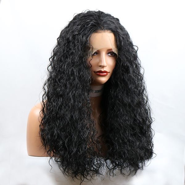 

13x6 black synthetic lace front wigs kinky curly long hair resistant glueless with natural hairline for women with baby hair