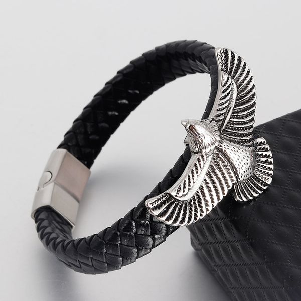 

stainless steel magnetic wrap bracelet exaggerated eagle bracelet men's jewelry black leather, Golden;silver