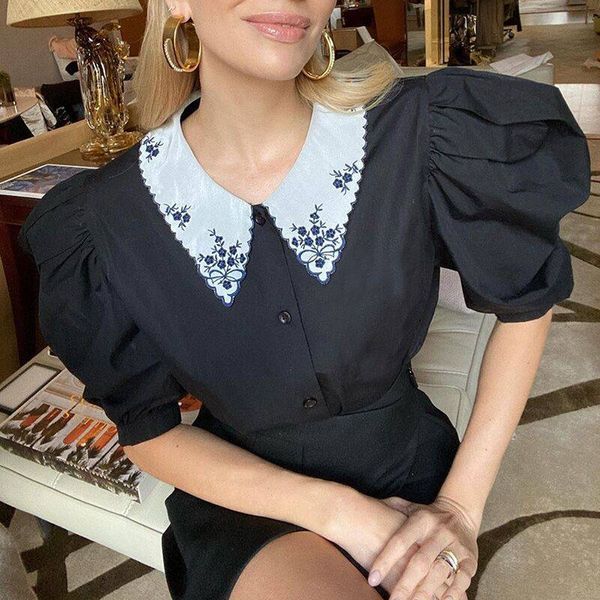 

nclagen 2020 spring summer embroidery collar button up cardigans shirt women puff sleeve casual blouse streetwear blusas shirts, White