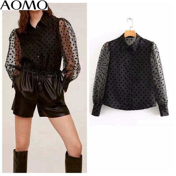 

women's blouses & shirts aomo women dots print mesh black blouse 2021 fashion patchwork transparent long sleeve female chic 3a37a, White