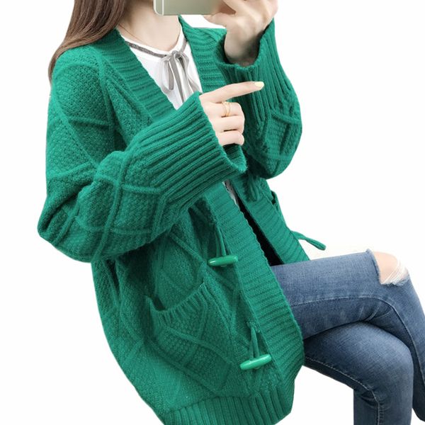 

2019 весна женщины вязаные кардиганы сплошной цвет v-образным вырезом свободные однобортные повседневные свитера пальто модные карманы свите, White