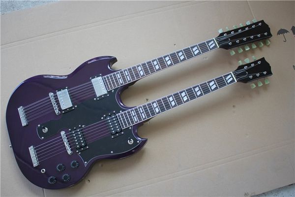 

double neck 12+6 strings purple body electric guitar with chrome hardware,rosewood fingerboard,can be customized