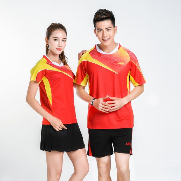 

adsmoney men and women couples badminton wear quick-drying breathable short-sleeved v-neck tennis t-shirt table tennis clothing, White;yellow