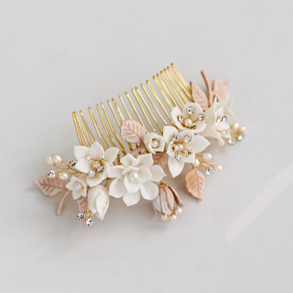 

delicate wedding jewelry gold leaf bridal hair comb porcelain flower women headpiece hair accessories, Golden;white