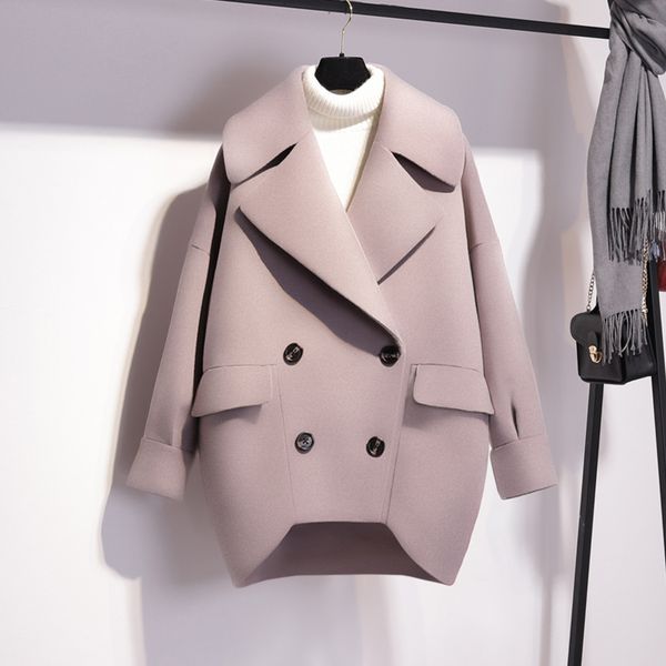 

2008 winter new korean loose cocoon regular hepburn wool overcoat double breasted solid v-neck pink wool coat women plus size, Black