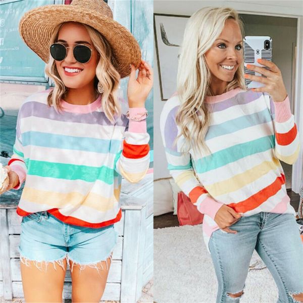 

rainbow striped binding tees women autumn fashion pre-fall long sleeve crew neck preppy classy girls t-shirt, White