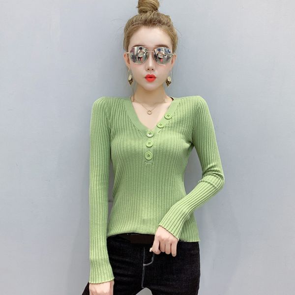 

2019 autumn winter vintage knitted women ribbed sweater pullover female v-neck slim sweater button long sleeve, White;black