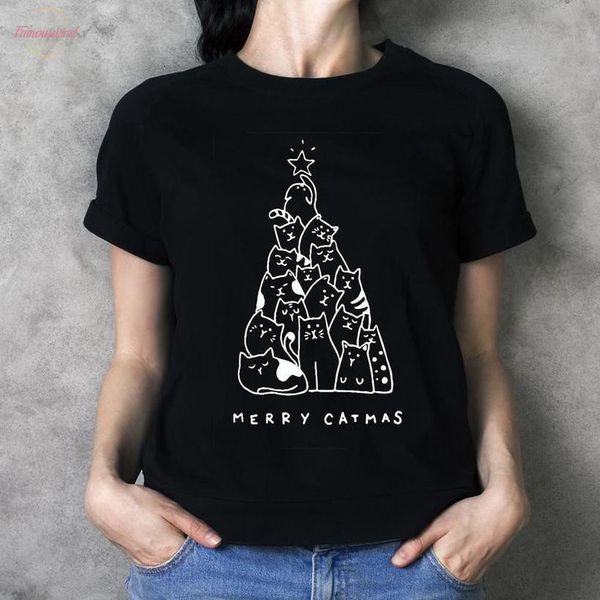

merry catmas t shirt women graphic t shirt merry christmas short sleeve kitty christmas trees cotton outer wear tees, White