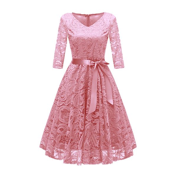 

floral lace bandage v-neck dress elegent women vintage half sleeves princess cocktail wedding party a-line swing dresses, Black;gray