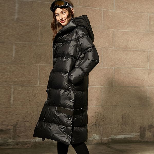 

90% white duck down jacket loos fit casual long coat thick warm women winter jacket snow warm hooded parkas for female overcoat, Black