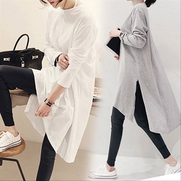 

loose large size solid color long sleeve t-shirt women's mid-long round collar irregular split t-shirt skirt, White