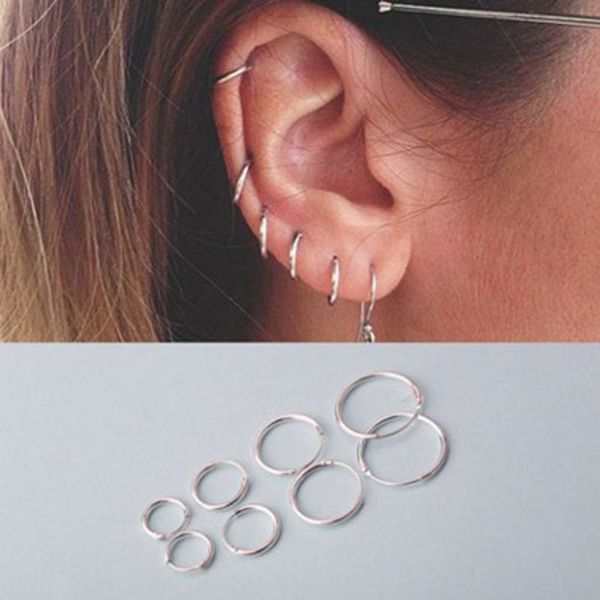 

925 sterling silver hinged hoop earring round thin circle sleepers earrings cord, Golden;silver