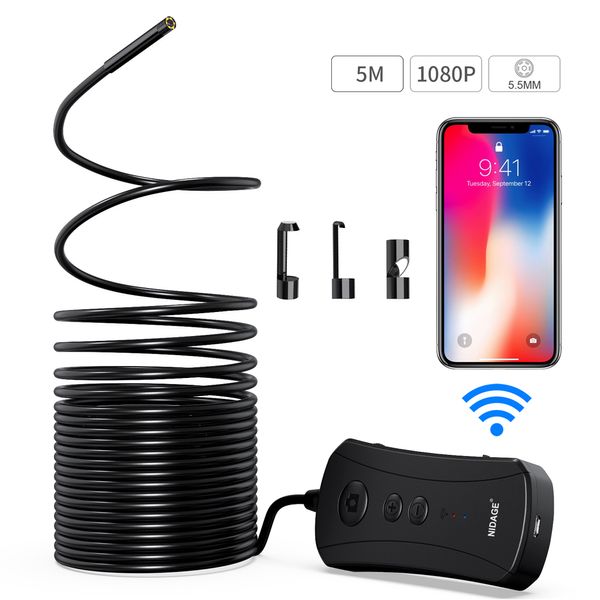 Comprimento do cabo 5m Endoscópio Wi-Fi de 5,0MP, Super HD 2592 * 1944p Câmera de inspeção IP67 Endoscópio sem fio semi-semi-rígido IP67 Cabo semi-rígido 6 LED Borescópio Came PQ303