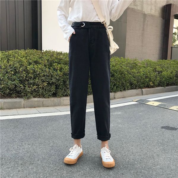 

belt button black denim jeans women vintage long wide leg pants high waist boyfriend trousers korean straight plus size w591, Blue