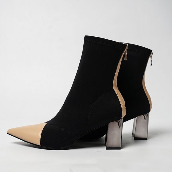 

ins fashion ankle elastic sock boots chunky high heels stretch women autumn booties pointed toe wome shoes, Black