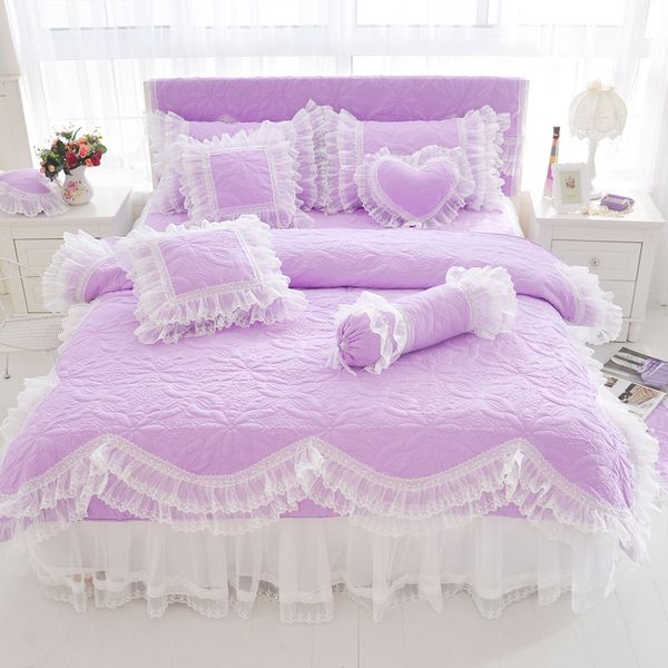Quilted Cotton Thick Duvet Cover Lace Light Purple Blue Pink