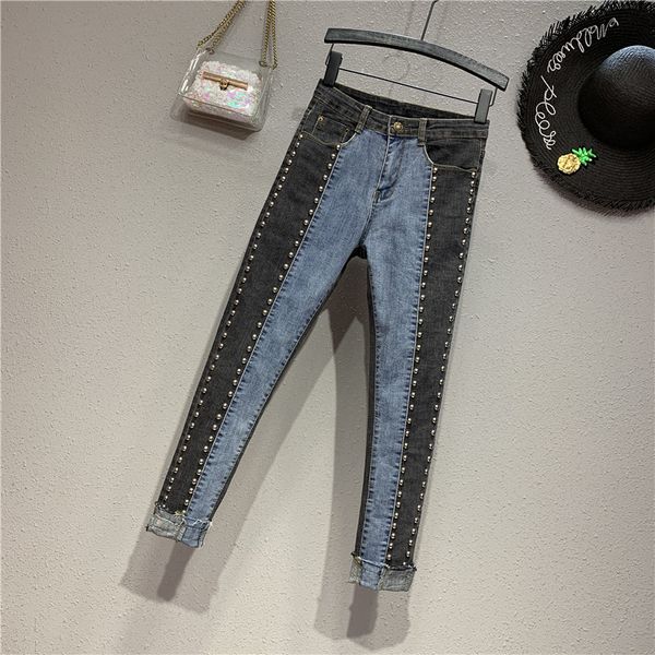 

european fashion heavy bead color matching tight jeans women spring autumn skinny denim pencil pants rivet jeans female trousers, Blue