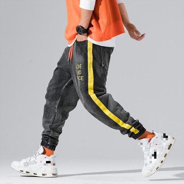 

januarysnow brand designer spring streetwear joggers men yellow stripe spliced jeans trousers letter design jogger mens pants, Black