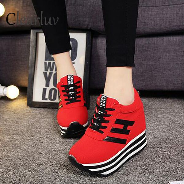

2019 new canvas shoes female muffin with increased height casual shoes wedge with high-heeled sports black white red 35-39