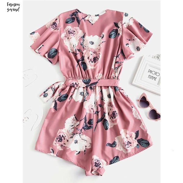 

печать belted layered ромпер женщины цветочный комбинезон осенью сыпучая мини шея бабочка рукав погружаясь игровой одеждой комбинезоны, Black;white