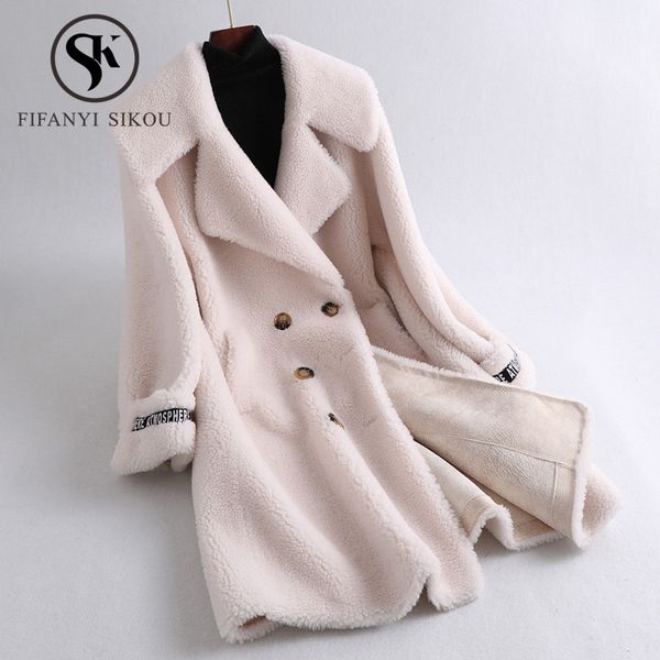 

women 2020 winter wool fur coat fluffy real sheep shearing coat female plush particles natural fur jacket thick warm long coats, Black