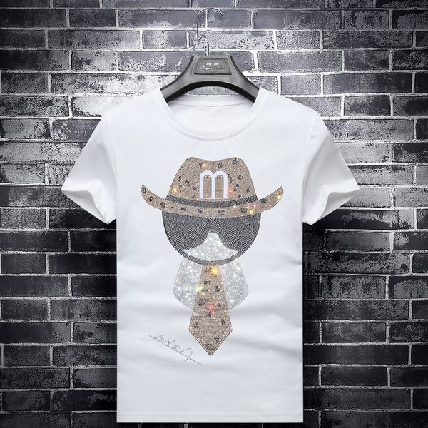 

new european and american net red men's rhinestone short-sleeved t-shirt male social spirit guy tide brand large size half-sleeved s-7x, White;black