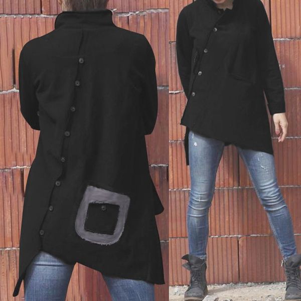 

celmia fashion women blouse oversized vintage cotton long sleeve buttons asymmetrical shirts pockets loose blusas femininas, White