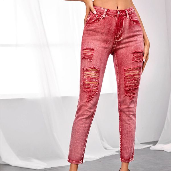 

hole flexible womens pencil pants summer solid color ripped women jeans full length casual ladies trousers, Blue