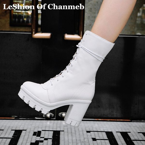 

harajuku platform shoes size 42 chunky heels round toe lace up mid-calf boots for women ladies punk street motorcycle boots shoe, Black