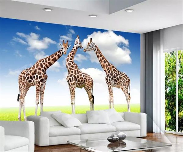 

custom 3d mural wallpaper 3d blue sky white giraffe landscape living room tv background bound wall painting wallpaper