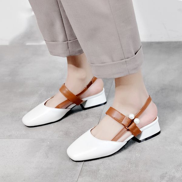 

med heels pumps women square toe elastic band pu footwear pearl shoes casual shoes woman 2019 spring new, Black