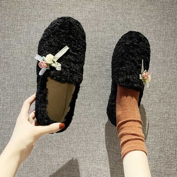 

women's keep warm loafers slip-on round toe soft bottom flat shoes flower design fashion comfortable luxury women shoes u16-98, Black