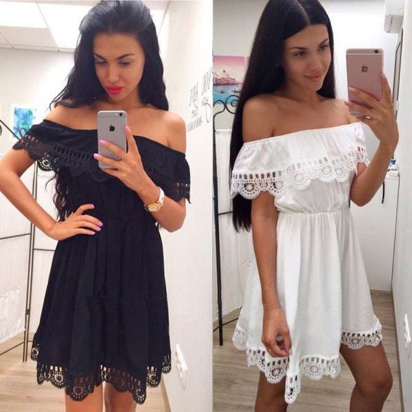

fashion women elegant vintage sweet lace white dress stylish slash neck casual slim beach summer sundress vestidos harajuku, Black;gray
