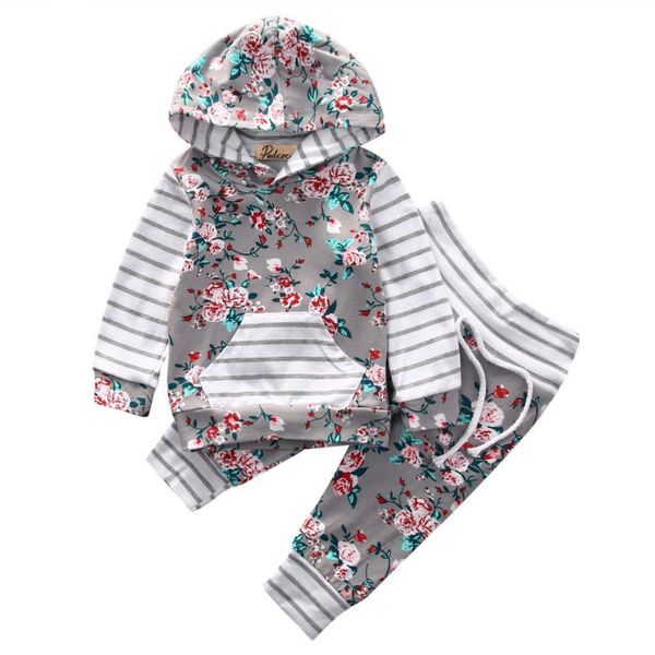 

yothg baby girl flower печати outfit полосатый сращивание толстовки с карман топ брюки, White