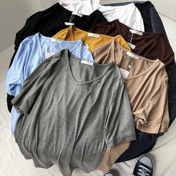 

short-sleeved t- female loose student slim ice silk half-sleeved t-shirt thin v-neck base shirt solid color fashion, White