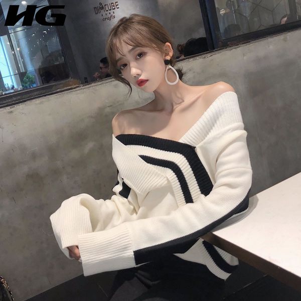 

hg cross v collar lazy oaf women sweater off shoulder knitwear korean style women sweaters and pullovers autumn xj1941, White;black