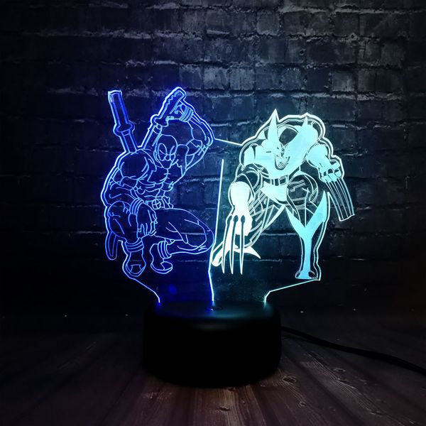 

movie 3d effect led marvel figure deadpool wolverine mixed rgb color usb charge battery power home decor night light gift