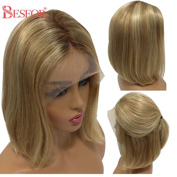 

besfor balayage 13×6 lace front human hair bob wigs silky straight highlights ombre 613 blonde with baby hair for black women, Black;brown