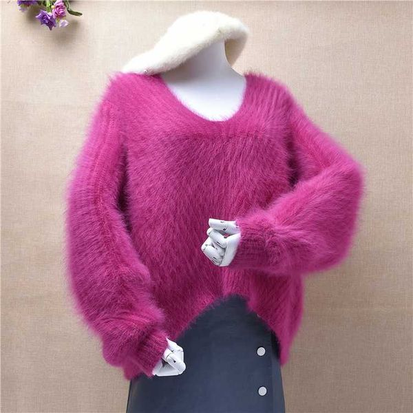 

thick warm winter short style crop fuzzy mink cashmere knitted v-neck loose pullover angora fur jumper pull, White;black