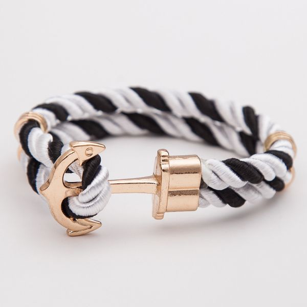 

bohemian handmade black white color leather rope cuff bracelets for women men vintage gold alloy anchor accessories female male jewelry gift, Golden;silver