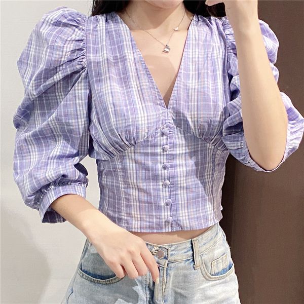 

2020 осени женщин нового дизайна чувства ниша французский модный шарм v-образный вырез фонарь рукав плед короткая рубашка, White