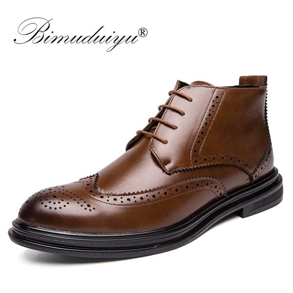 

bimuduiyu autumn new men leather ankle oxford boots british style male casual lace up derby shoes fashion high brogue shoes, Black