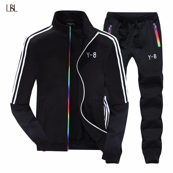 

striped men sets casual brand zipper jackets+pants tow pieces sets autumn winter printed men's sportswear tracksuit stand collar, Gray