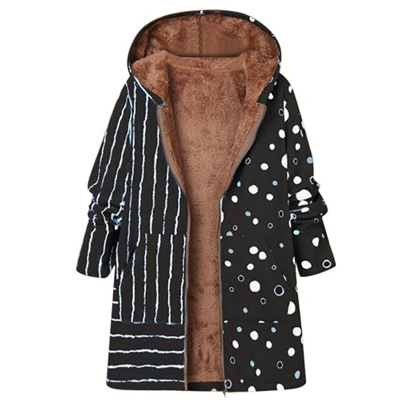 

plus size women parkas winter warm jacket printed pockets thicker zipper hooded coat outwear long sleeve casual jacket overcoat, Black
