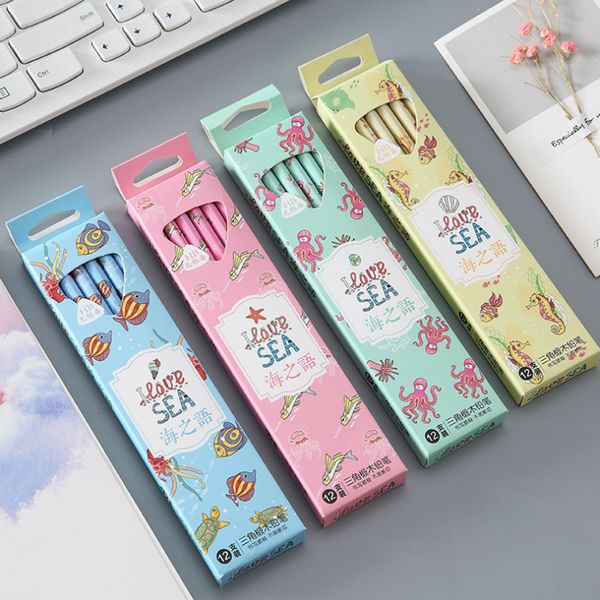 

12pcs/lot new sea language triangle beech hb pencil students stationery children's gifts writing supplies