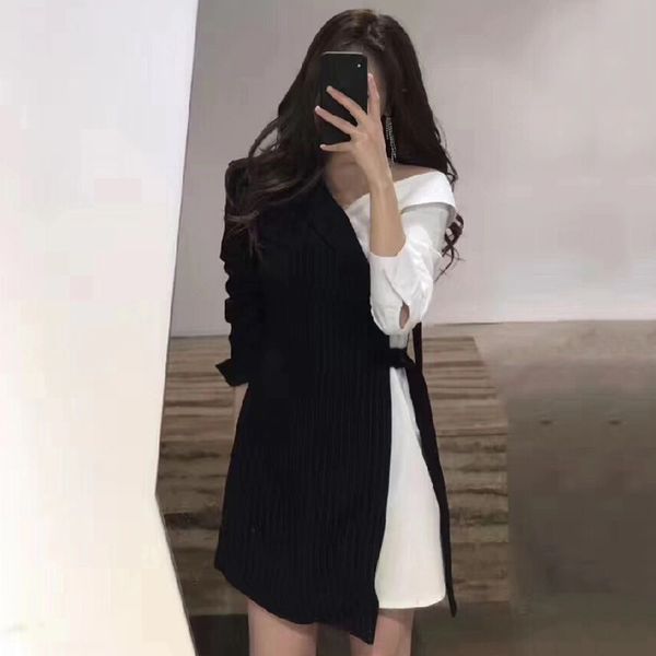 

korean-style dress women fashion cotton spring new 2020 ladies dress striped fake two-piece irregular women clothing v865, Black;gray