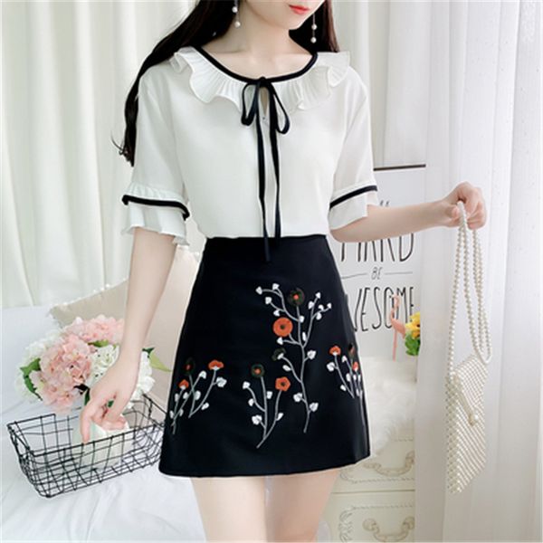 

two piece dress fashion women lovely doll collar bow lace up short sleeve blouse+ flower embroidery mini skirt set office female 2, White