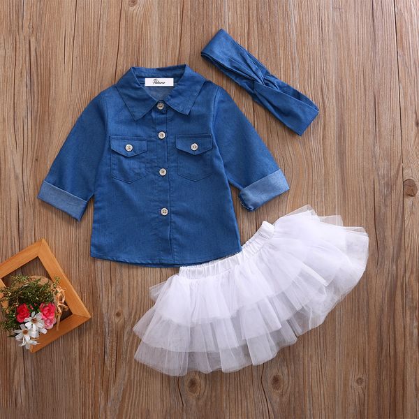 

2017 new kids baby girls denim long sleeves shirt+tutu skirts dress headband 3pcs outfits set clothes 0-5y, White