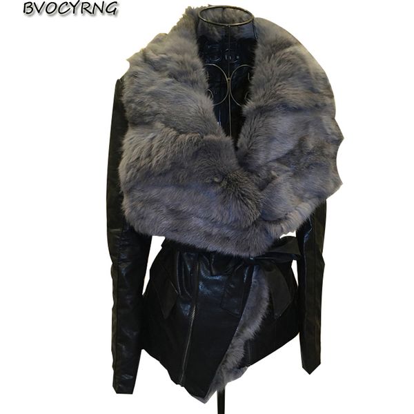 

new faux leather fur collar jacket coats female slim fit short outerwear winter warm faux pu leather coat motor jacket women, Black